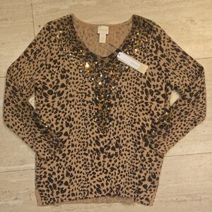 New Chico's Animal Print Sequin/Metallic Accent Vneck Sweater